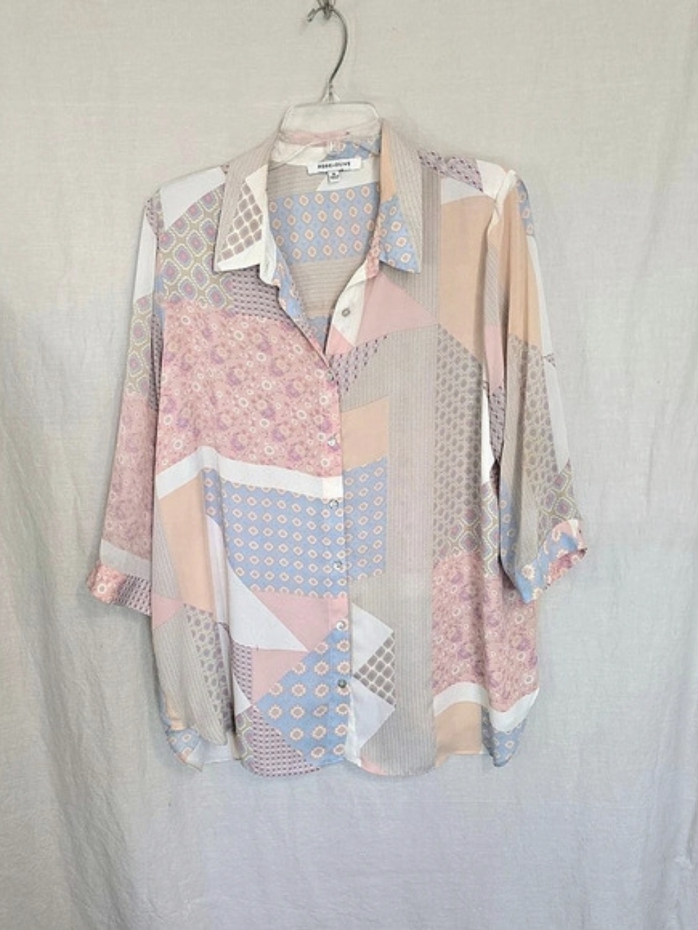 Rose + Olive Pastel Patchwork Button Down Tunic Blouse 1X